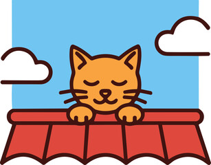 Cute Orange Cat Peeking Over Rooftop with Clouds and Blue Sky © Mas Komplong