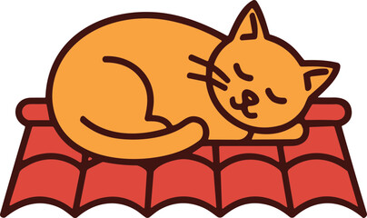 Cozy Orange Cat Sleeping on Red Roof Tiles, Cute Pet Illustration © Mas Komplong