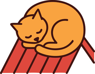 Sleeping Orange Cat Curled on Red Roof Tiles, Cozy Pet Illustration © Mas Komplong