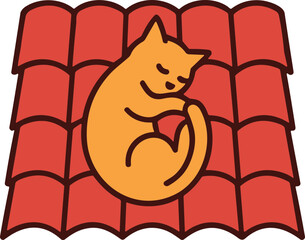 Cozy Orange Cat Sleeping on Red Rooftop Tiles, Peaceful Animal Illustration © Mas Komplong
