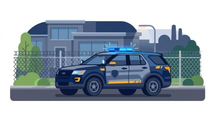 Fototapeta premium Security guard patrols in vehicle near a residential building with a fence and trees under clear conditions during daytime hours.
