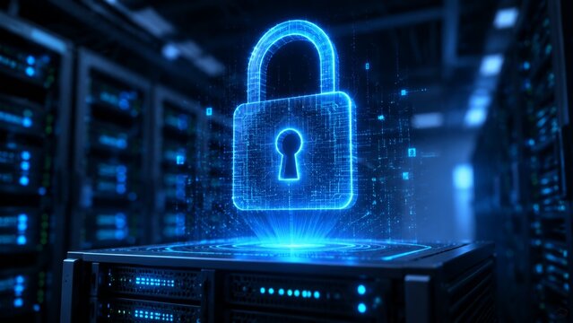 Futuristic conceptual design showing a digital padlock projected over server hardware, representing modern cybersecurity measures