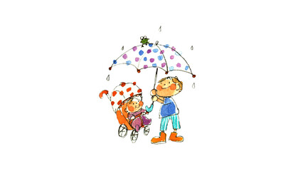 Naklejka premium 雨の日にベビーカーの赤ちゃんに傘を差し出す優しい男の子の手描き水彩イラスト Cute hand-drawn watercolor illustration of a boy holding an umbrella over a baby in a stroller