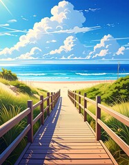 Fototapeta premium Wooden boardwalk leads to a sandy beach with turquoise water under fluffy white clouds in a bright, sunny sky