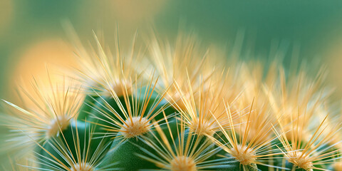 Obraz premium Close-up of glowing golden cactus spines with bright warm lighting and soft green bokeh background