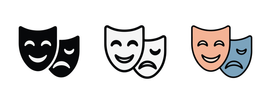 Theatrical drama masks in black white and colored styles for comedy and tragedy performances  symbols of acting and emotions