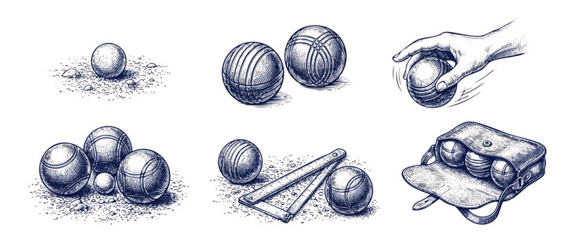 Petanque bocce ball game set in vintage engraving sketch style showing woodcut illustrations of hand throwing boules on sand court, measuring distance with calipers, and leather carrying bag.