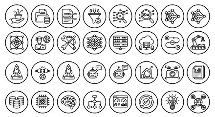 Fototapeta premium Machine Learning Workflow Outline Icon Collection with AI Training Data Pipeline and Model Deployment Elements