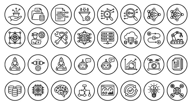 Machine Learning Workflow Outline Icon Collection with AI Training Data Pipeline and Model Deployment Elements