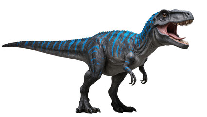 Fototapeta premium Gray dinosaur with blue stripes roaring