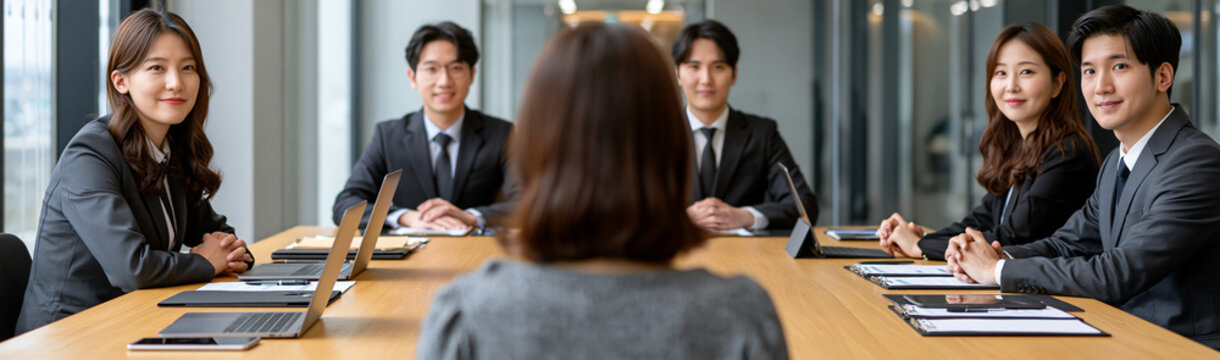 Job Interview: A job candidate faces a panel of interviewers during a professional recruitment process, with laptops and documents on the table.