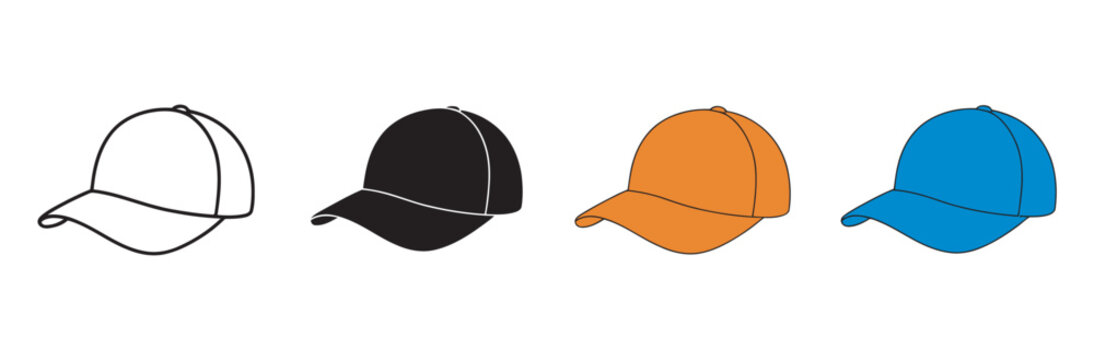 Baseball cap icon set, casual headwear and sports fashion sun protection hats vector design