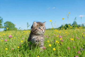 Tabby kitten exploring vibrant green wildflower meadow under clear blue sky, cute fluffy baby cat walking in sunny summer field, close-up shot © Studio