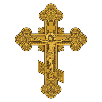 Ornate golden orthodox crucifix icon on white background