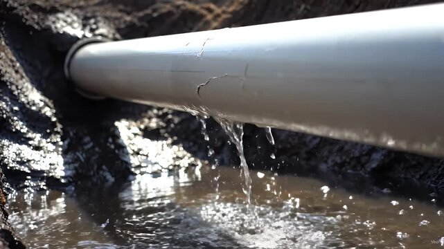 A leaking grey plastic pipe buried in mud with water dripping into a muddy trench