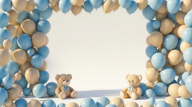 Frame of blue and beige balloons with two teddy bears on white background for baby shower party.