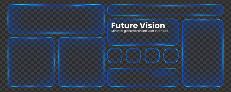  Modern glass button with transparent frame and glossy effect for UI design. Blue gradient border adds futuristic touch to digital interface elements.