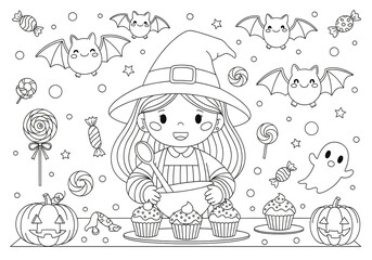 Fototapeta premium Cute little witch girl baking cupcakes with bats and pumpkins for a fun halloween coloring page design