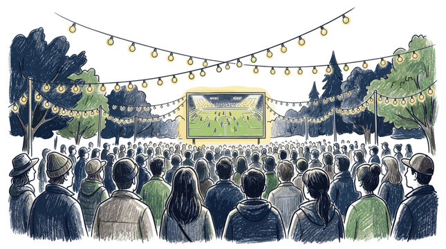 Large crowd of diverse people watches a soccer game on a big outdoor screen under string lights and trees