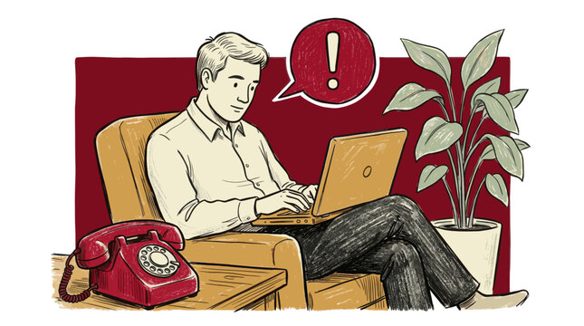 Young man working on a laptop receives an error message, depicted with a speech bubble containing an exclamation mark, in a retro-style illustration