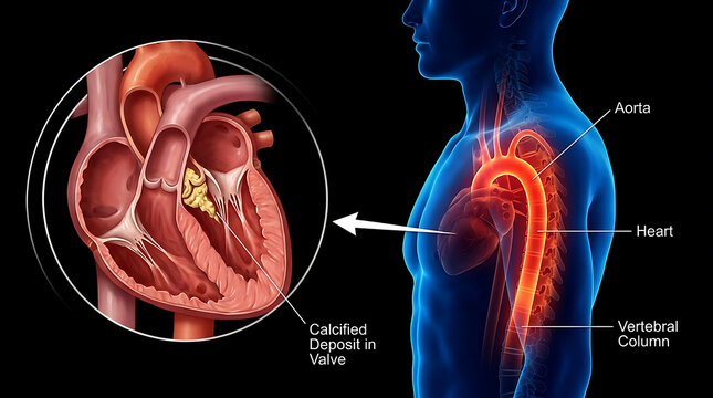 Human heart and aorta with calcified deposit in valve and vertebral column artery circulation