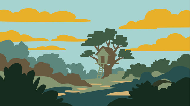 Charming rustic treehouse with a ladder nestled in a lush green forest under a sky with orange clouds, depicted in a flat vector style
