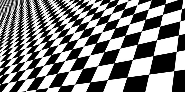 Chess perspective floor background. Black and white chessboard perspective floor texture. Checker board pattern surface. Fading away vanishing checkerboard background. Abstract vector illustration.