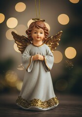 Naklejka premium Christmas Angel Ornament with Golden Wings and Halo, Festive Bokeh Lights Background
