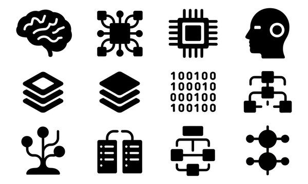 Collection of twelve black icons representing concepts in artificial intelligence and technology isolated on transparent background .silhouette degin