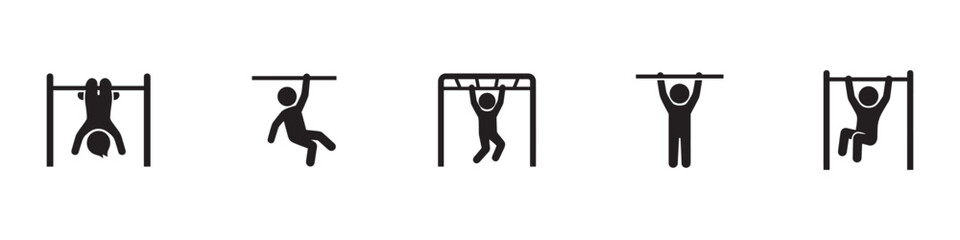 Kids playing on monkey bars and pull up icon set. Kids practicing gymnastics outside. Vector illustration. © Roberto_Caravelli