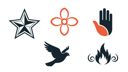 Fototapeta premium Set of 5 Diverse Vector Icons: Star, Flower, Hand, Dove, Fire