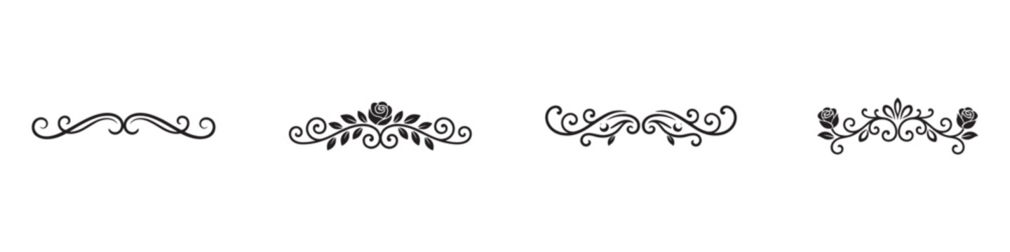 Vintage floral dividers and decorative borders icon set. Calligraphic flourishes with rose flowers and leaves ornaments. Vector illustration.