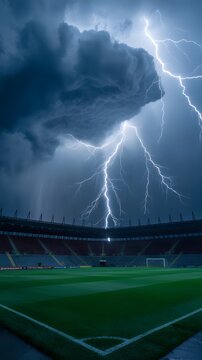 Dramatic lightning storm illuminates a football stadium at night, with dark clouds and bright bolts