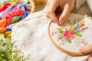 Female hands embroidering vibrant floral pattern on linen fabric in wooden hoop, close-up of...