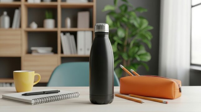 Matte black reusable water bottle on office desk with notebooks pencils and plant in background.