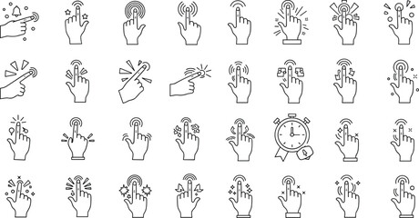 Obraz premium Touch Screen Hand Gestures Outline Icon Bundle with Tap, Click, Swipe, Drag, Hold Timer, Bell Notification, and Interface Navigation Symbols for Mobile App Design