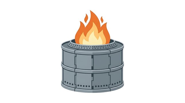 Smokeless fire pit camping stove with burning flame isometric flat vector illustration.
