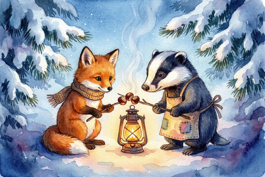 Young red fox female and european badger male roast chestnuts over a lantern in snowy pine clearing with scarf and apron cozy winter friendship atmosphere