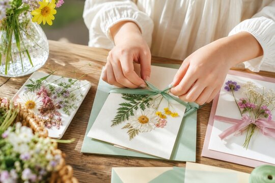 Hands of young woman tying ribbon on handmade pressed flower greeting card at wooden table in sunny room, creative crafting hobby concept