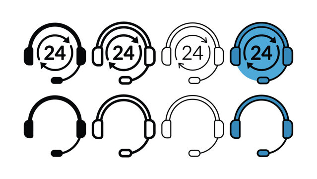 Twentyfour seven customer support headset icons in various line styles and a filled blue version