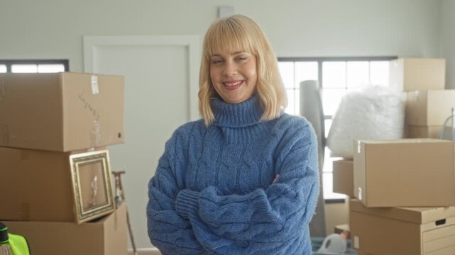 Woman in blue sweater with arms crossed smiling amid packed moving boxes in a building; new home optimism.