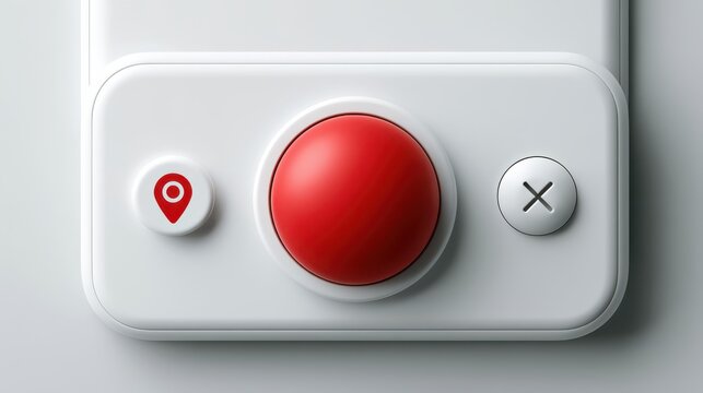 A close-up of a modern interface panel featuring a large red button, a location pin button, and a cancel button on a sleek white surface.