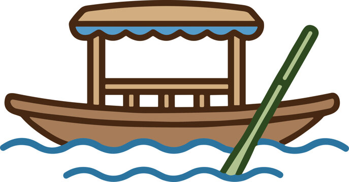 Traditional Japanese Boat with Canopy and Oar on Wavy Water