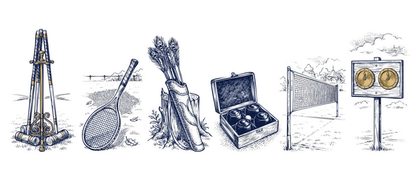 Vintage lawn games illustration set featuring classic croquet mallets, wooden tennis racket, archery arrows in quiver, bocce lawn bowls in box, outdoor court net, and retro wooden scoreboard.