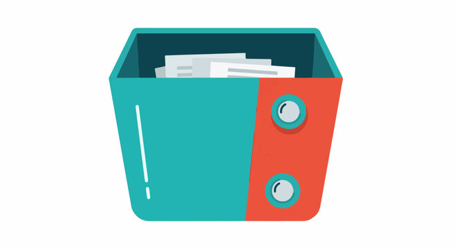 Stylized teal and coral storage bin with papers and two round knobs