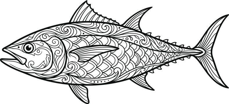 Intricately designed tuna fish with swirling patterns