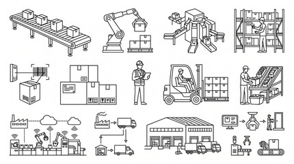 Obraz premium Modern Warehouse Operations Vector Set with Inventory Tracking and Distribution Icons