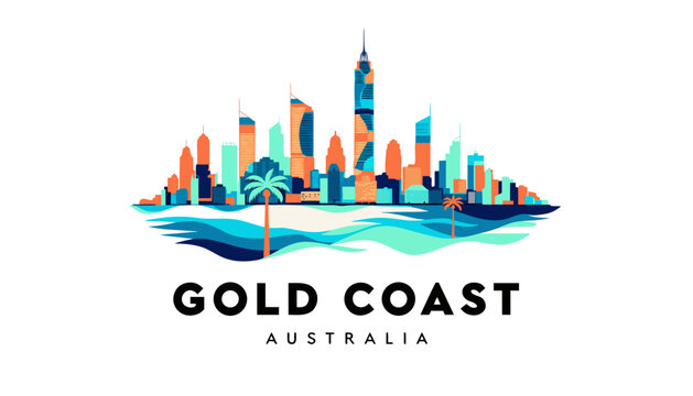 Vector illustration of Gold Coast skyline in colorful silhouette, with &ldquo;GOLD COAST&rdquo; text, on white background, modern city identity and tourism design