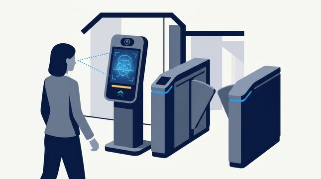 A security guard observes facial recognition technology at an access point while managing entry during work hours for security.