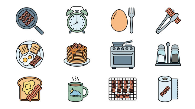 Breakfast food items with cooking tools and clock